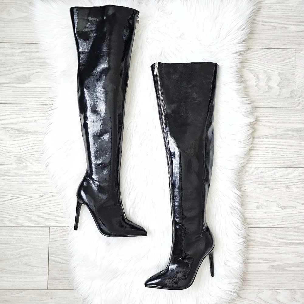 NWOT Forever 21 Black Faux Patent Leather Thigh-High Over-the-Knee Boots Sz 5.5